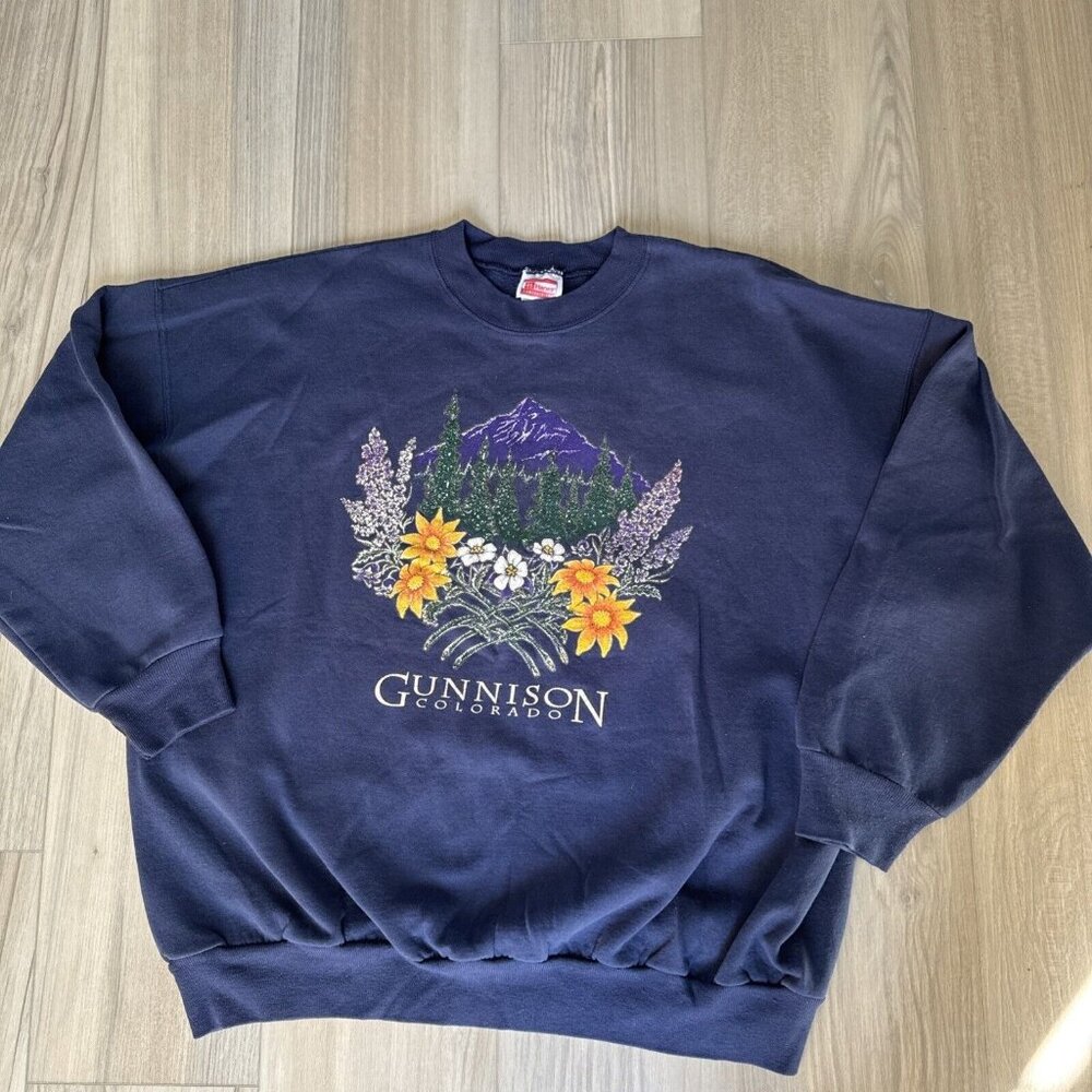 Vintage Gunnison Colorado Navy‎ Blue Hanes Sweatshirt XL Nature 90s Mountains